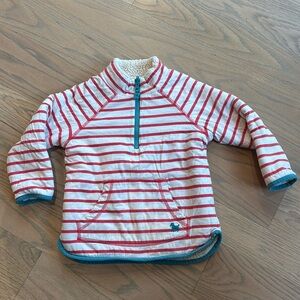 Mini Boden red striped Sherpa lined quarter zip sweater, size 4